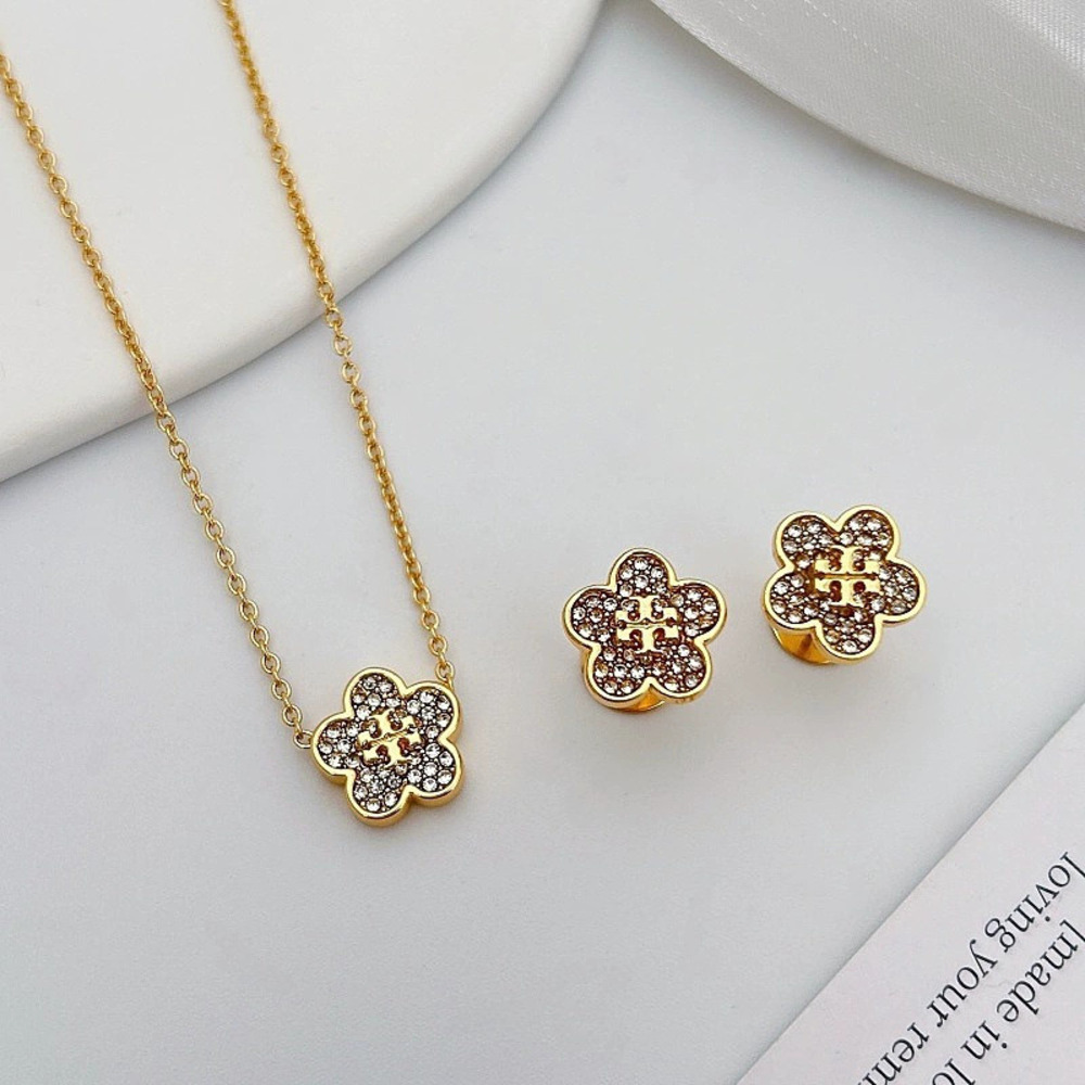 Tory Burch Floral Letter Zircon Stud Earrings Necklace Set Casual